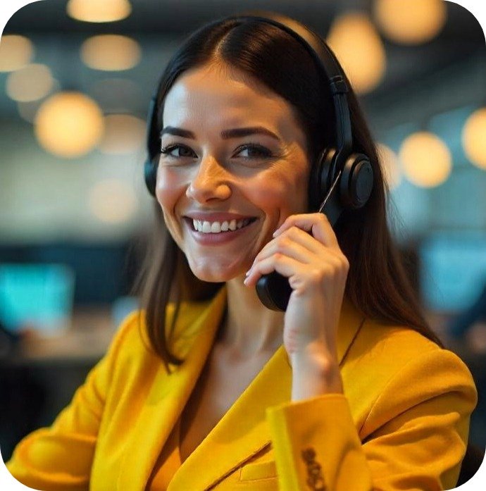 Operadora del equipo de atención al cliente atendiendo una llamada y sonriéndonos
