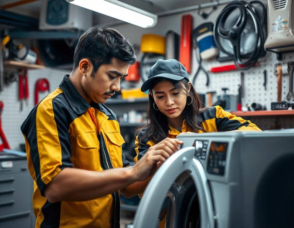técnico realizando la reparación de una lavadora en el domicilio de un cliente del Estado de México
